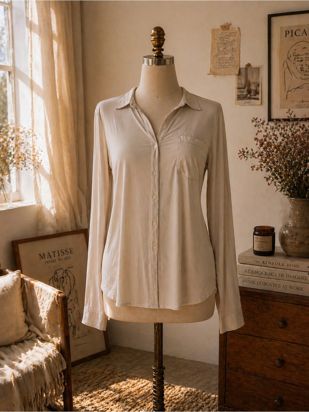Lysse Sandstone Button-Down Long Sleeve Blouse